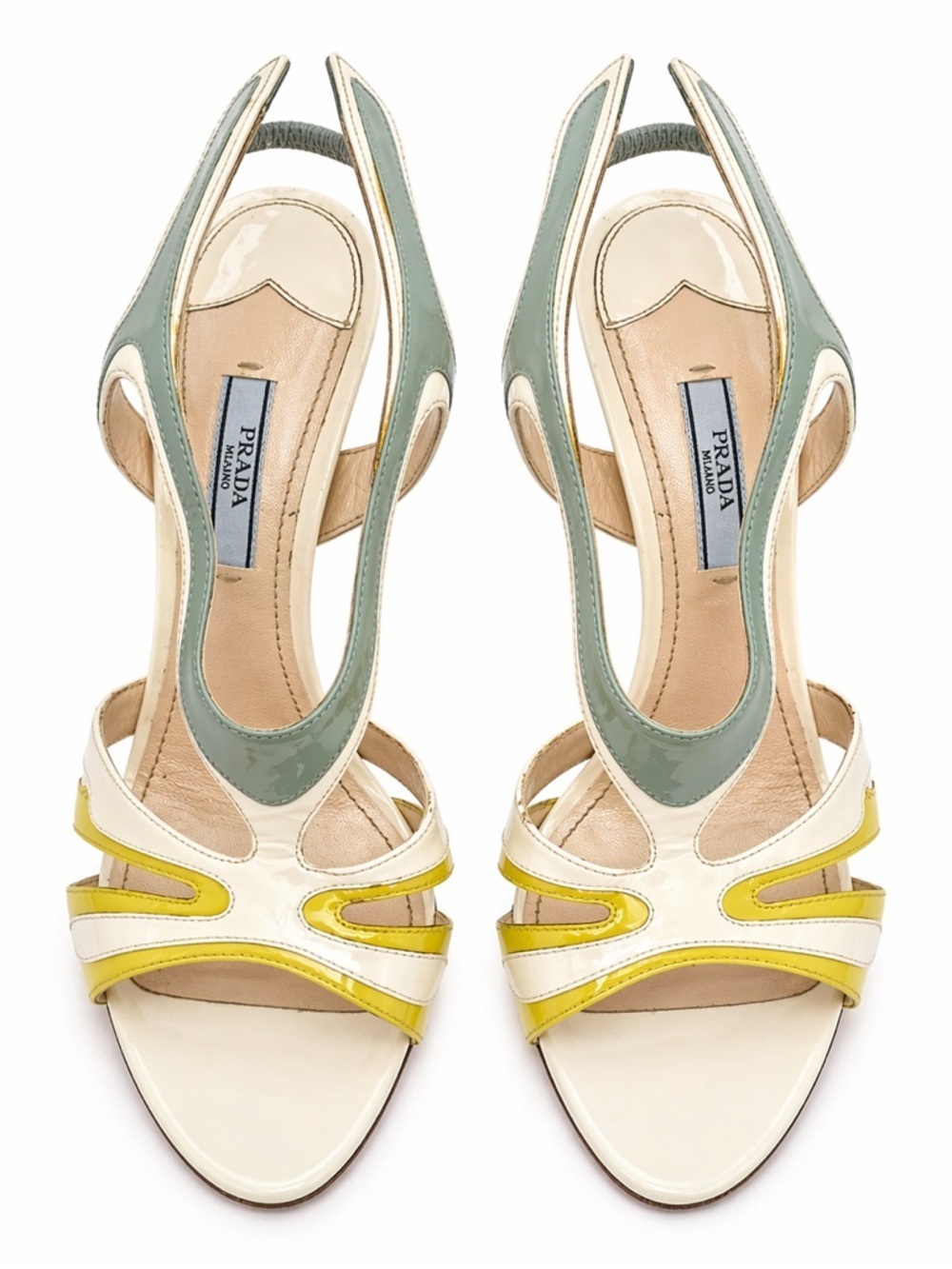 Prada 2012 Hot Rod Flame Patent Cutout Slingback Heels 38 Ivory Yellow Sage